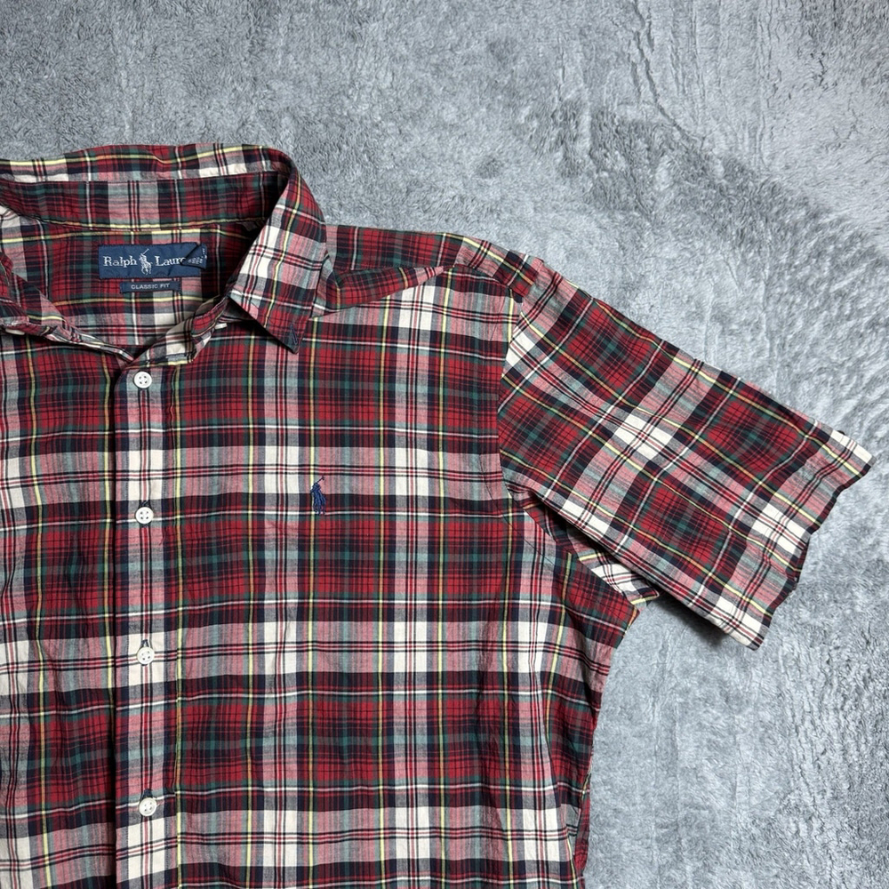 Polo Ralph Lauren Mens XL Shirt Red Tartan Plaid Camp Short Sleeve Button Front